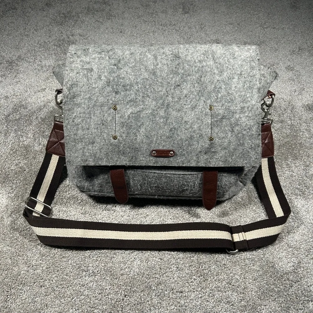 Rare Vintage Ducti Grey Wool Felt Messenger Bag Brown Leather Trim Striped Strap
